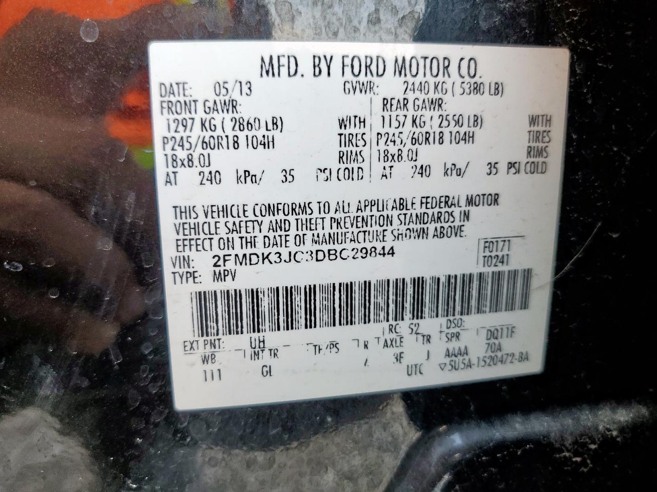 2013 Ford Edge Sel VIN: 2FMDK3JC3DBC29844 Lot: 62533665