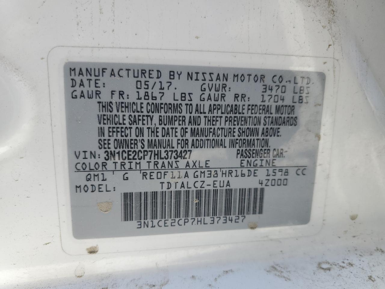 2017 Nissan Versa Note S VIN: 3N1CE2CP7HL373427 Lot: 63269825