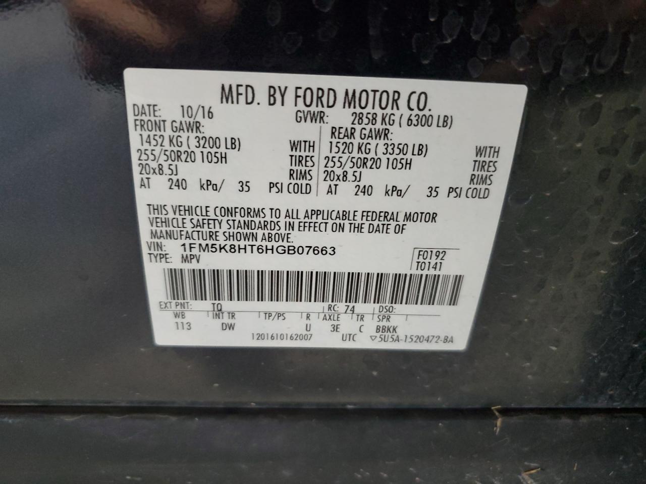 2017 Ford Explorer Platinum VIN: 1FM5K8HT6HGB07663 Lot: 62823145