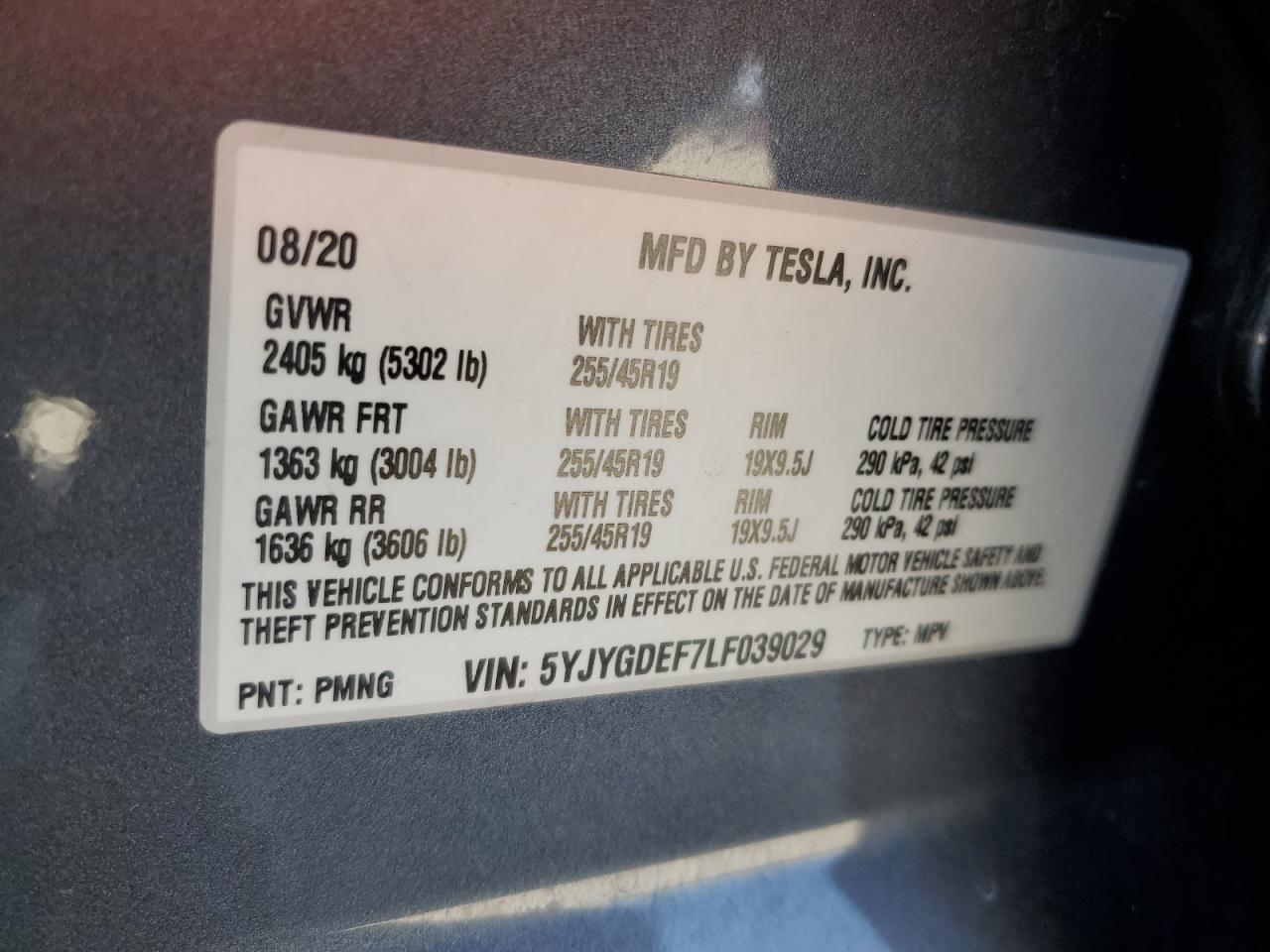 2020 Tesla Model Y VIN: 5YJYGDEF7LF039029 Lot: 64788835