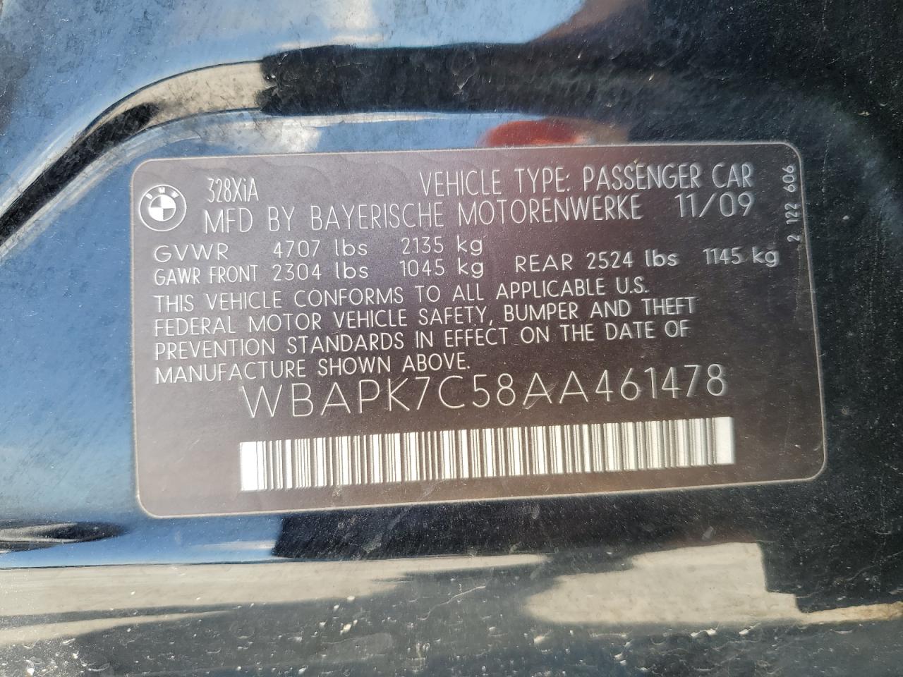 2010 BMW 328 Xi VIN: WBAPK7C58AA461478 Lot: 63828285