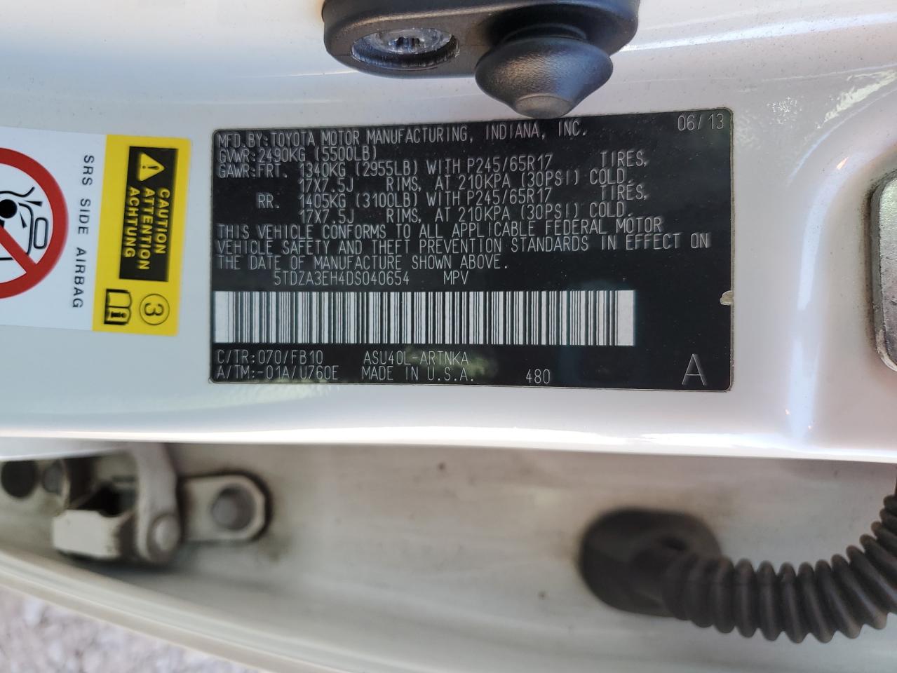 2013 Toyota Highlander Base VIN: 5TDZA3EH4DS040654 Lot: 65068865