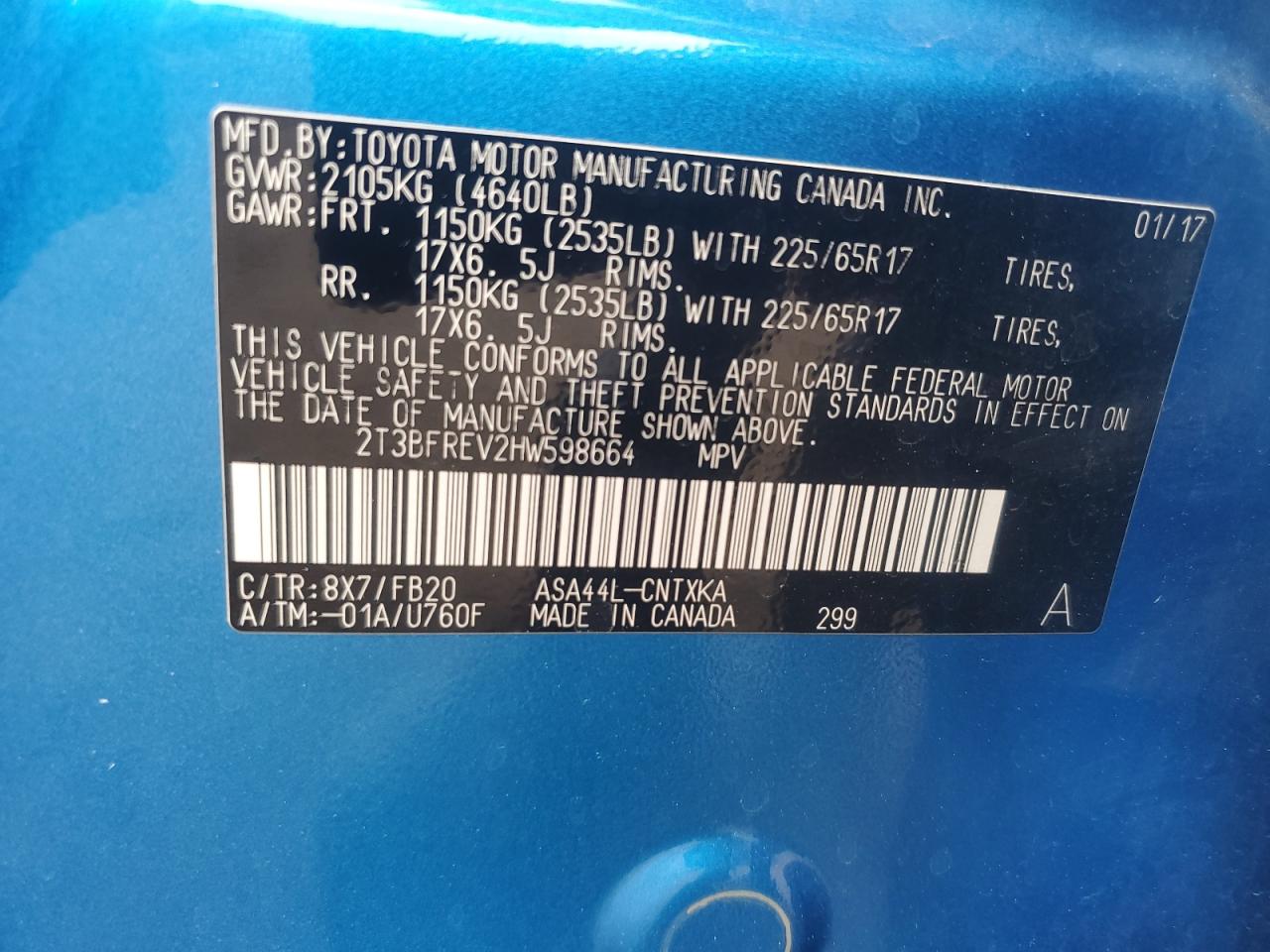 2017 Toyota Rav4 Le VIN: 2T3BFREV2HW598664 Lot: 67119125