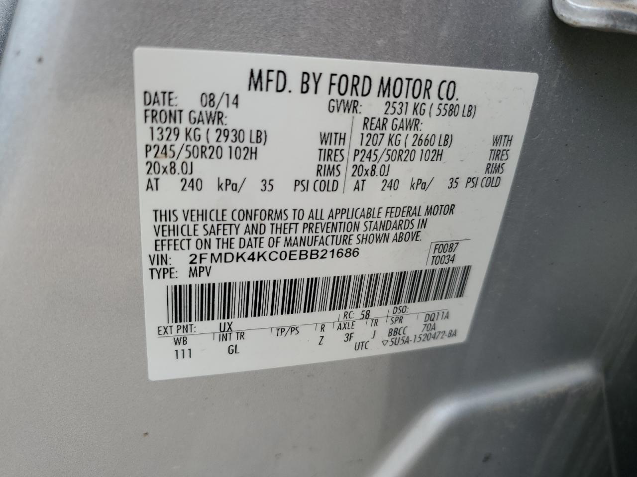 2014 Ford Edge Limited VIN: 2FMDK4KC0EBB21686 Lot: 64249485