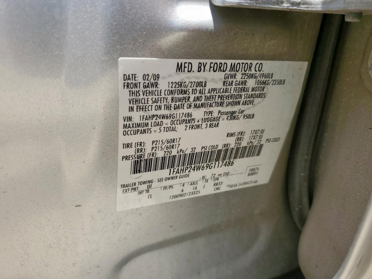 2009 Ford Taurus Sel VIN: 1FAHP24W69G117486 Lot: 65406025