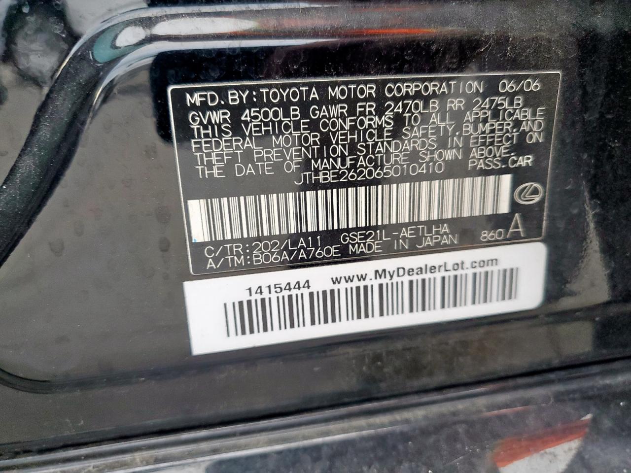 2006 Lexus Is 350 VIN: JTHBE262065010410 Lot: 62648075