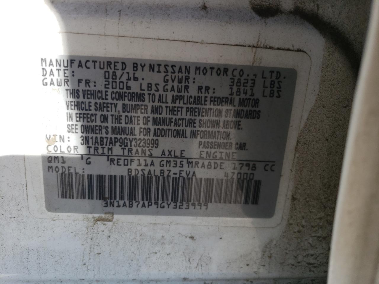 2016 Nissan Sentra S VIN: 3N1AB7AP9GY323999 Lot: 64811835