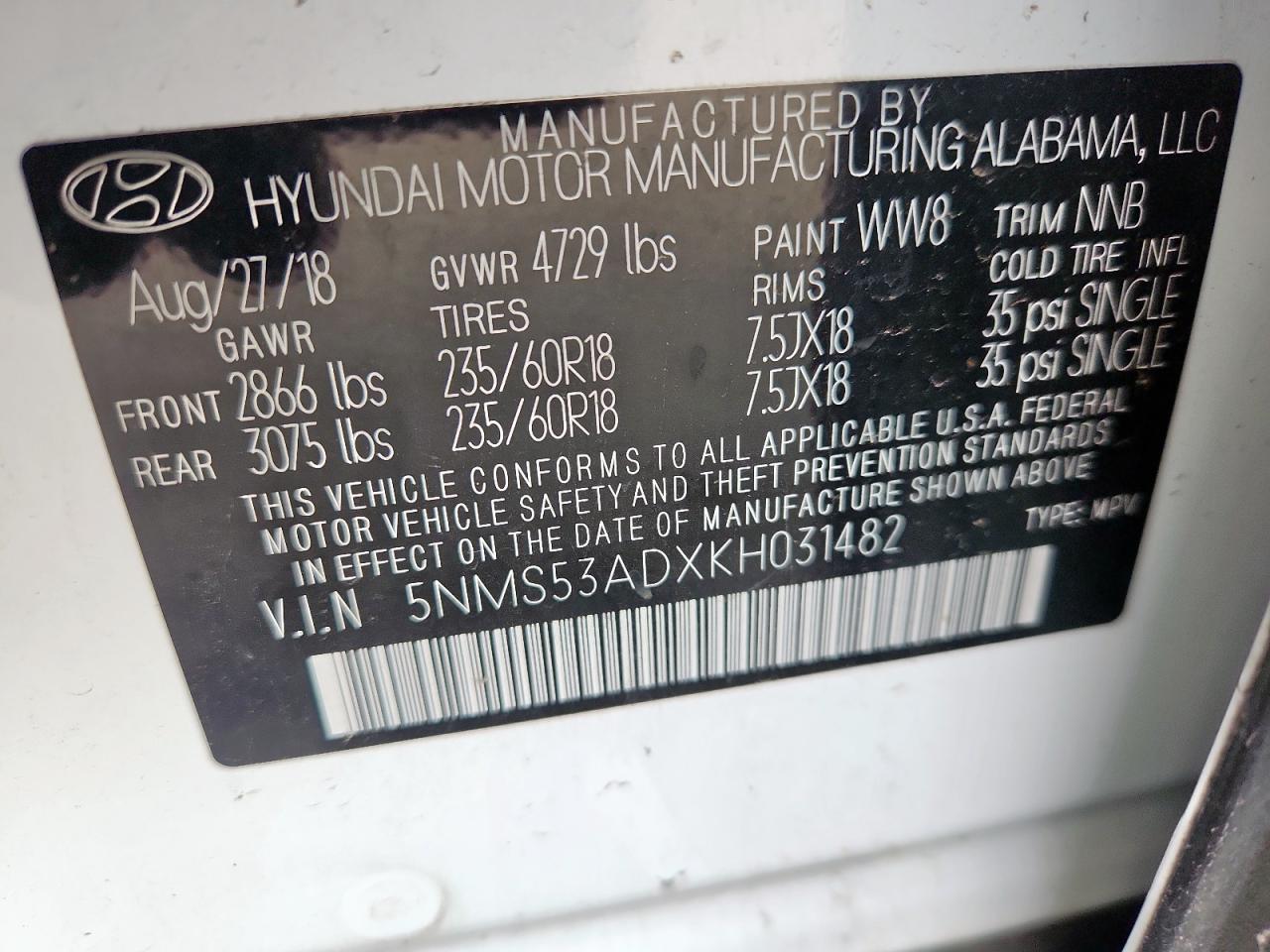 2019 Hyundai Santa Fe Limited VIN: 5NMS53ADXKH031482 Lot: 63415545