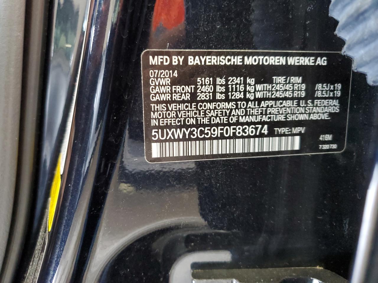 2015 BMW X3 xDrive28D VIN: 5UXWY3C59F0F83674 Lot: 63707055