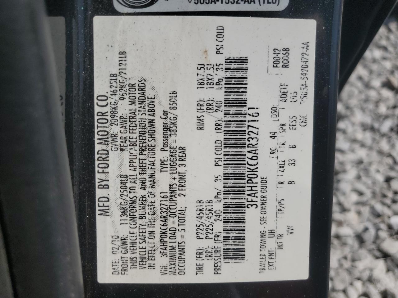 2010 Ford Fusion Sport VIN: 3FAHP0KC6AR327161 Lot: 64891755