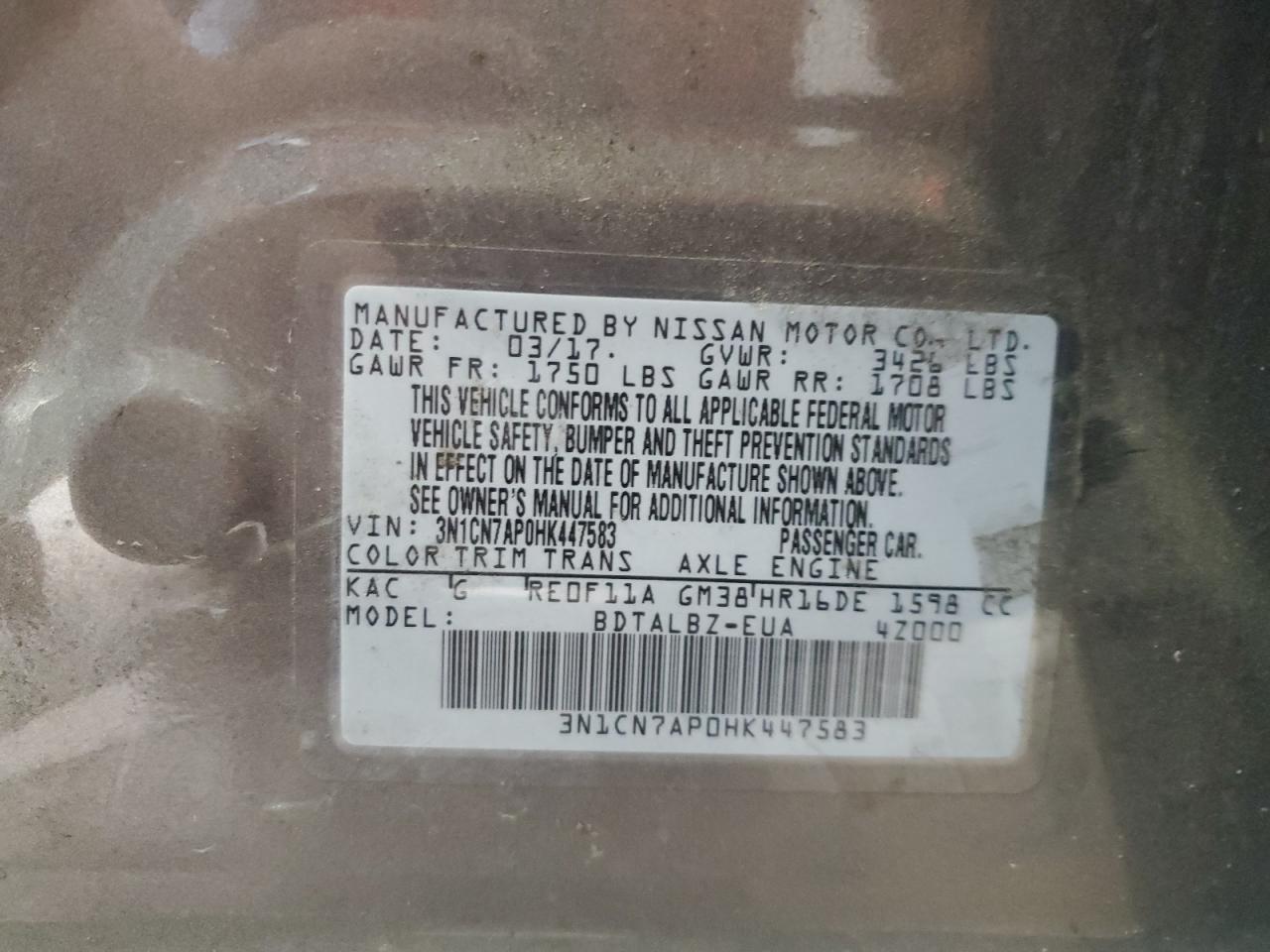 2017 Nissan Versa S VIN: 3N1CN7AP0HK447583 Lot: 64016125