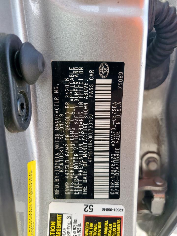 2019 Toyota Camry L VIN: 4T1B11HK0KU733139 Lot: 62375805