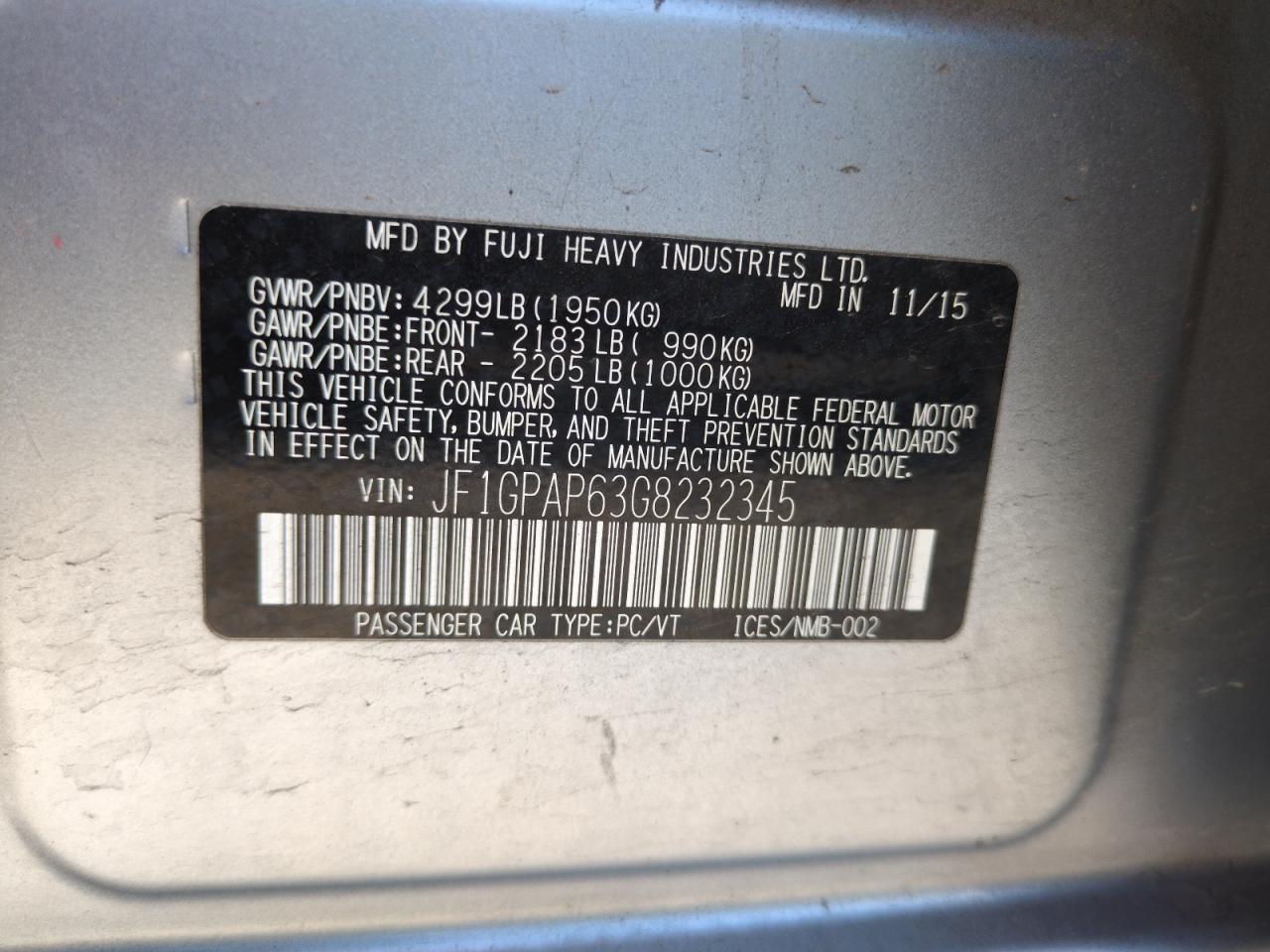 2016 Subaru Impreza Sport Premium VIN: JF1GPAP63G8232345 Lot: 65153465