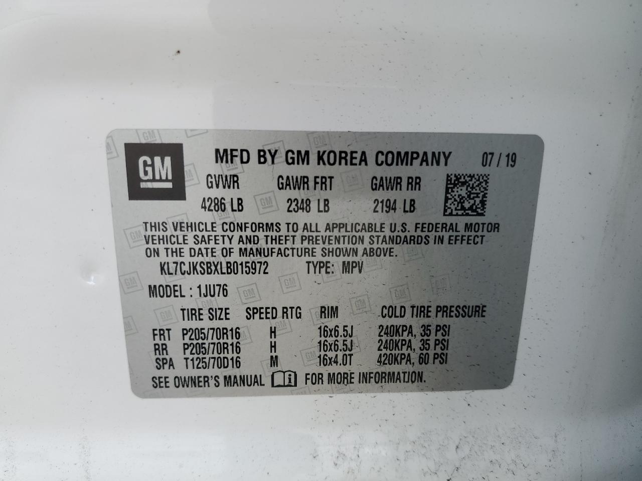 2020 Chevrolet Trax Ls VIN: KL7CJKSBXLB015971 Lot: 65045425