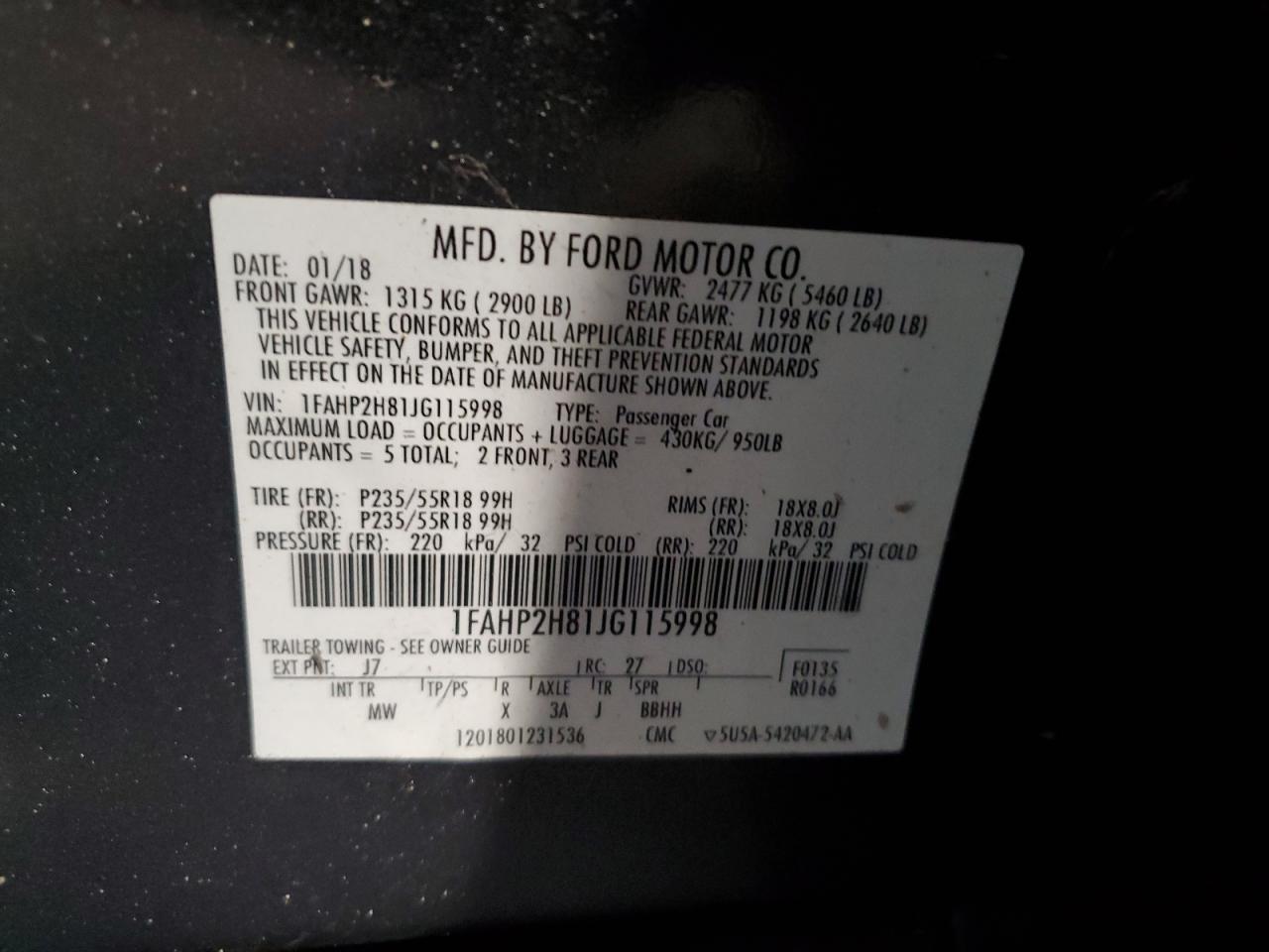 2018 Ford Taurus Sel VIN: 1FAHP2H81JG115998 Lot: 67065365