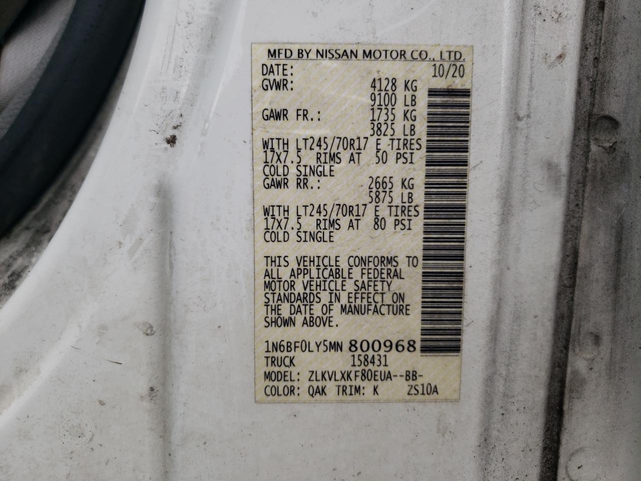 2021 Nissan Nv 2500 S VIN: 1N6BF0LY5MN800968 Lot: 64262885