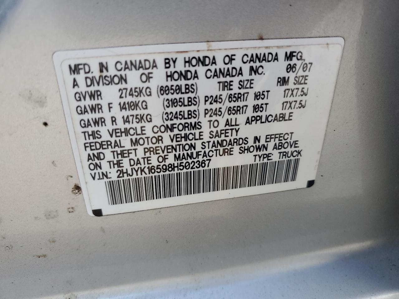 2008 Honda Ridgeline Rtl VIN: 2HJYK16598H502367 Lot: 62737205