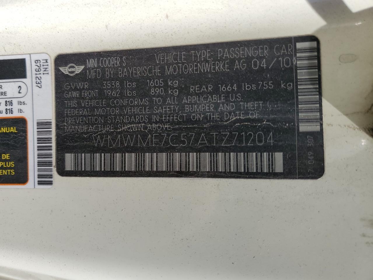 2010 Mini Cooper S VIN: WMWMF7C57ATZ71204 Lot: 67015765