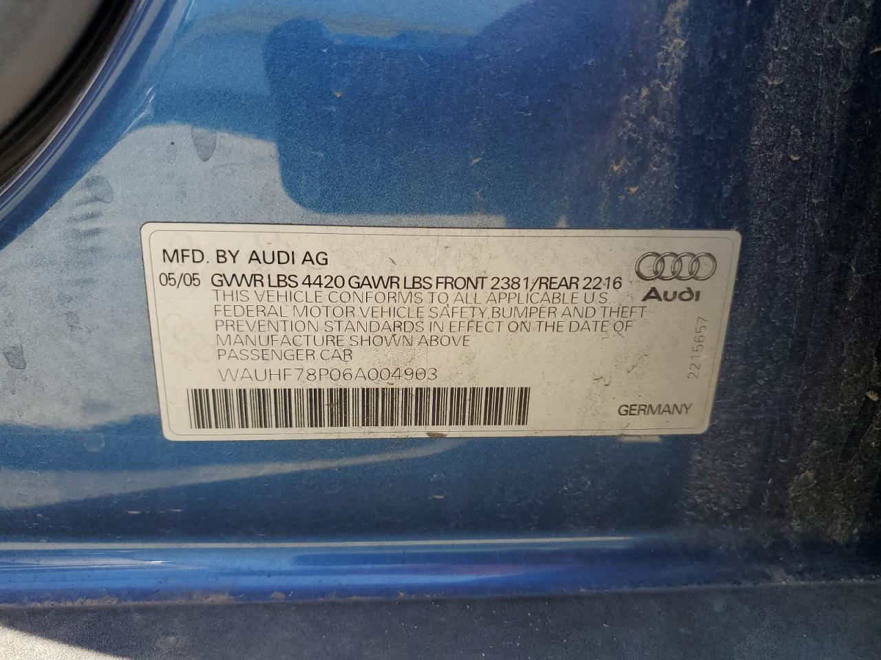 2006 Audi A3 2 VIN: WAUHF78P06A004903 Lot: 65368505