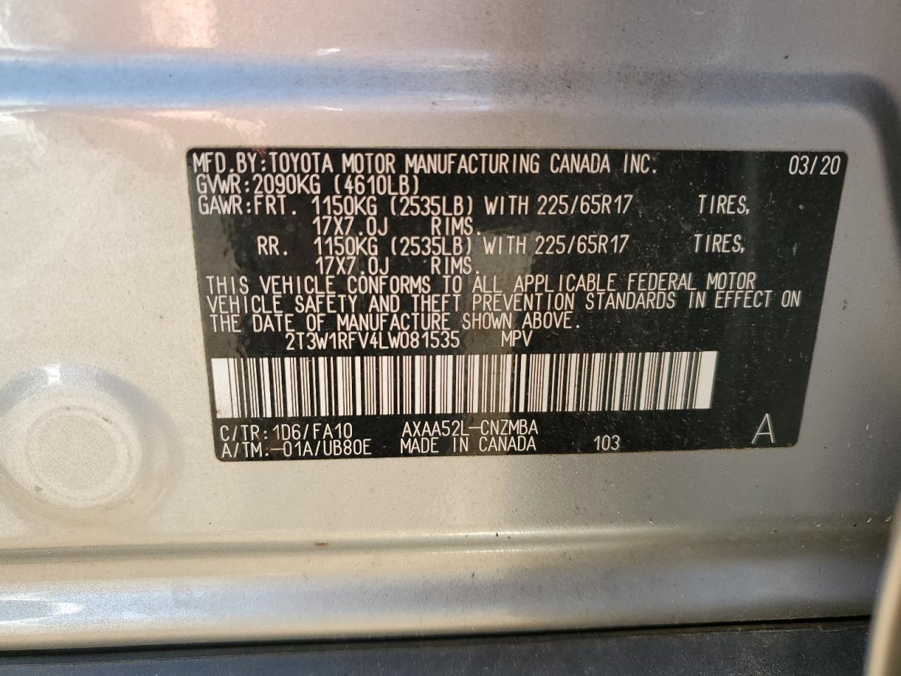 2020 Toyota Rav4 Xle VIN: 2T3W1RFV4LW081535 Lot: 65607275