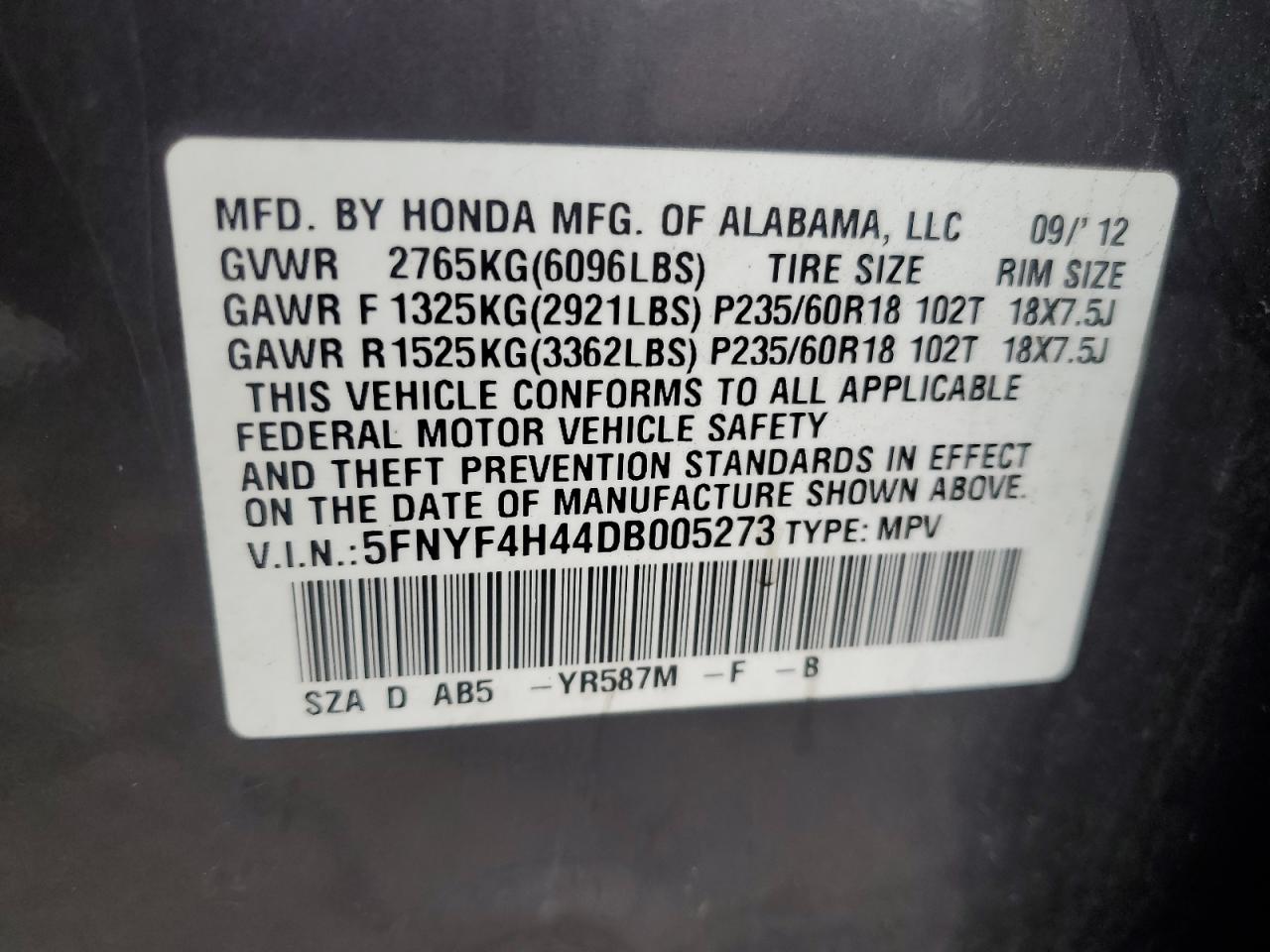 2013 Honda Pilot Ex VIN: 5FNYF4H44DB005273 Lot: 65072485