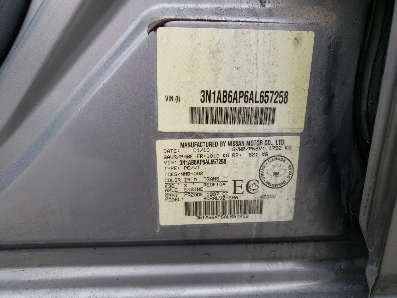 2010 Nissan Sentra 2.0 VIN: 3N1AB6AP6AL657258 Lot: 63913335