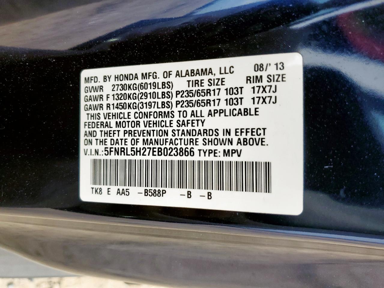 2014 Honda Odyssey Lx VIN: 5FNRL5H27EB023866 Lot: 65030375