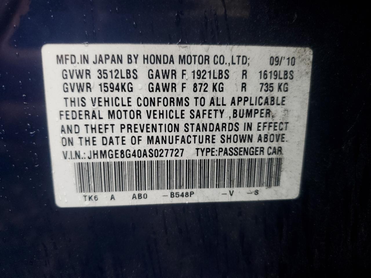 2010 Honda Fit Sport VIN: JHMGE8G40AS027727 Lot: 63829595
