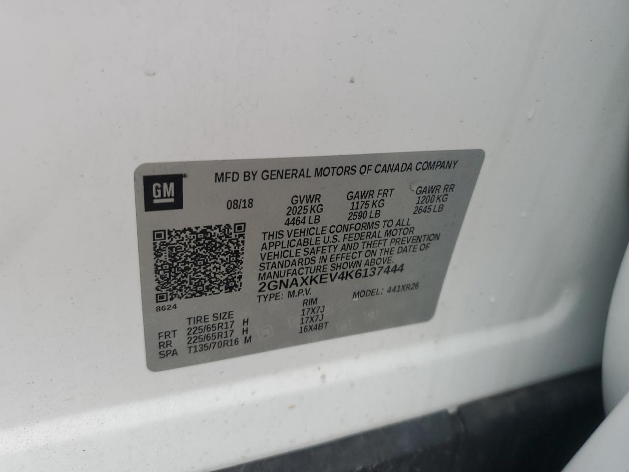 2019 Chevrolet Equinox Lt VIN: 2GNAXKEV4K6137444 Lot: 66882285