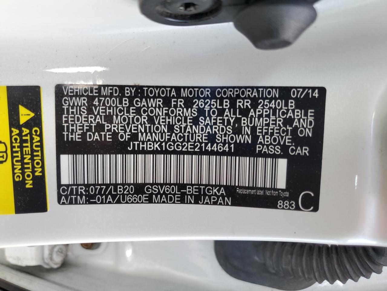 2014 Lexus Es 350 VIN: JTHBK1GG2E2144641 Lot: 63564425