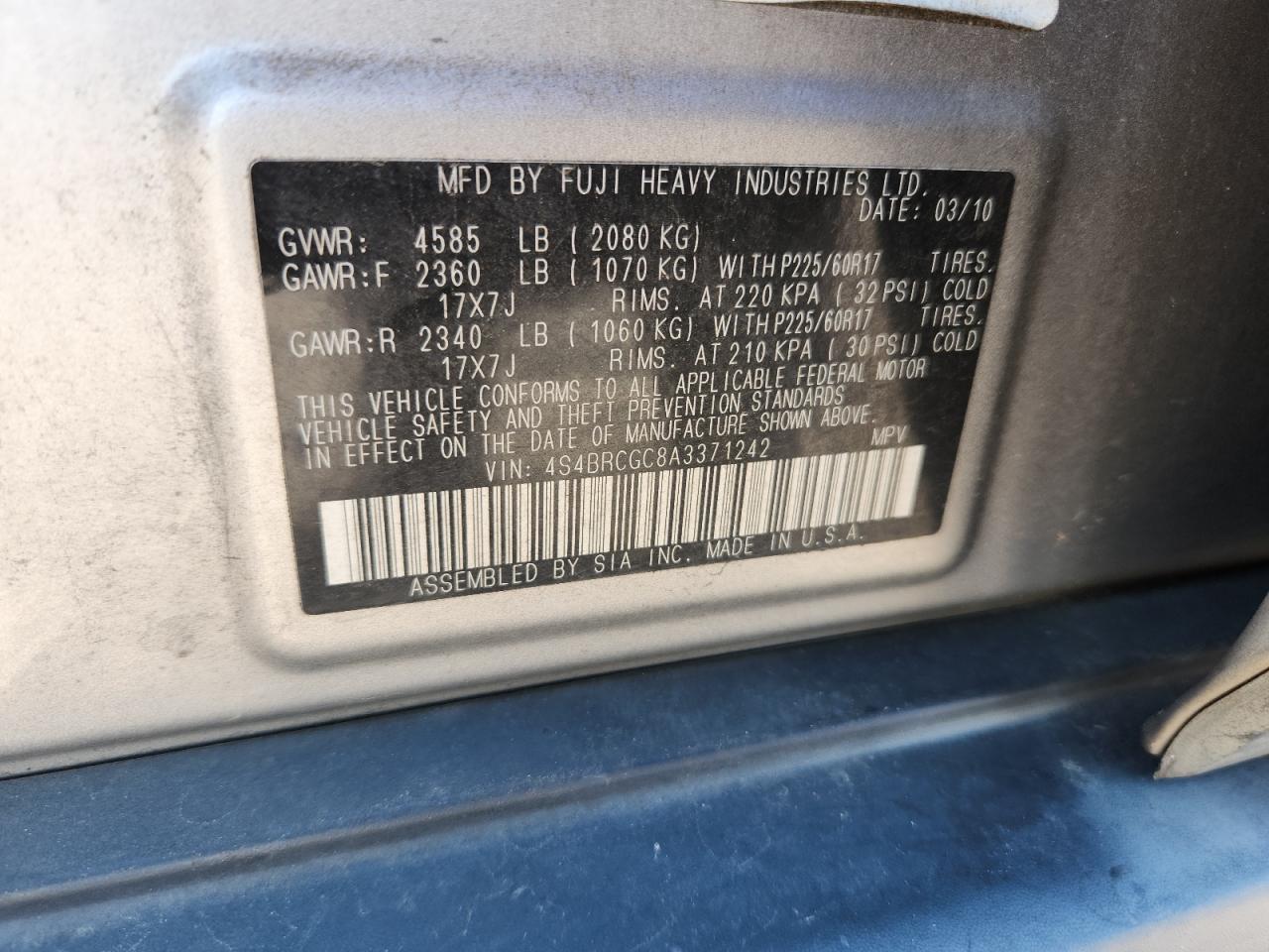 2010 Subaru Outback 2.5I Premium VIN: 4S4BRCGC8A3371242 Lot: 63470965