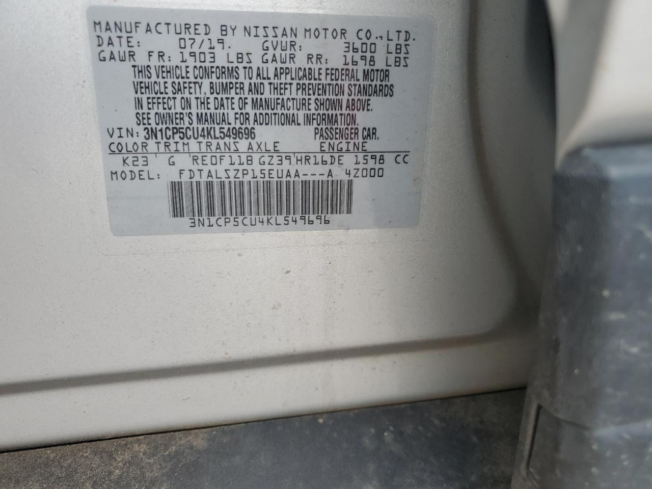 2019 Nissan Kicks S VIN: 3N1CP5CU4KL549696 Lot: 63509885