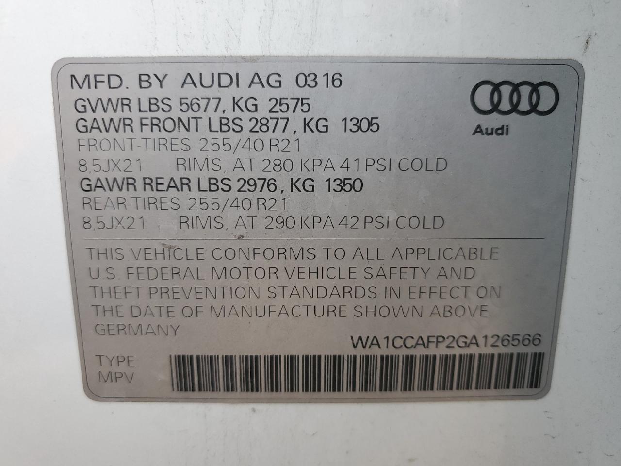 2016 Audi Sq5 Premium Plus VIN: WA1CCAFP2GA126566 Lot: 66726845