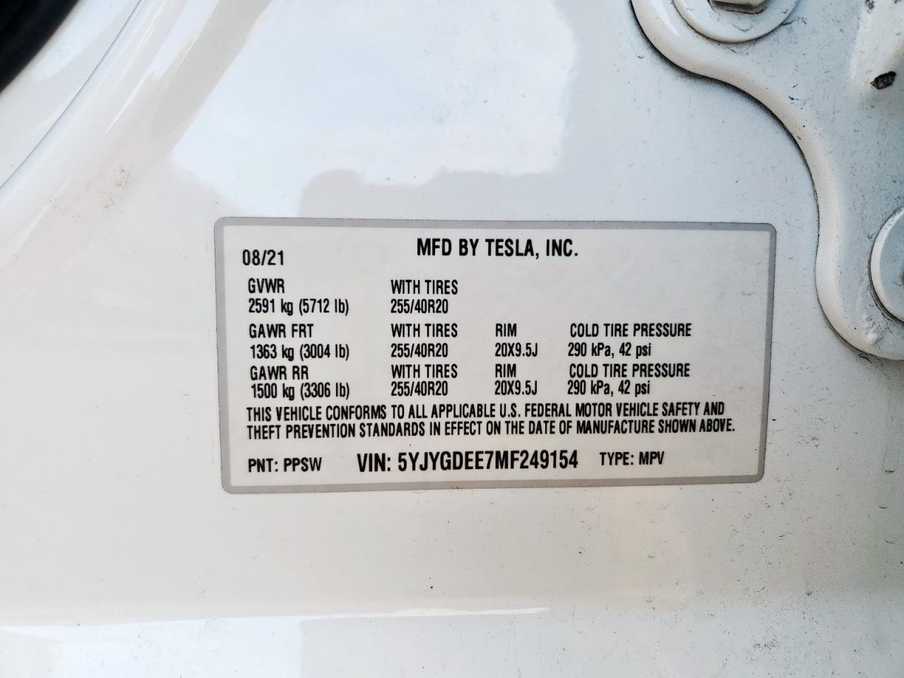2021 Tesla Model Y VIN: 5YJYGDEE7MF249154 Lot: 63832055