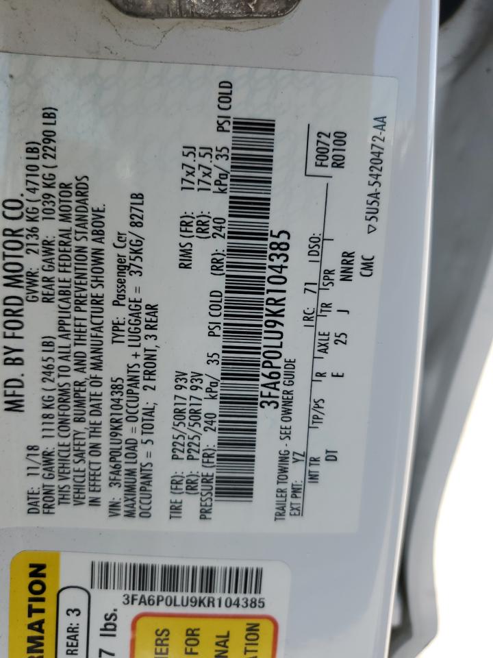2019 Ford Fusion Se VIN: 3FA6P0LU9KR104385 Lot: 64819555