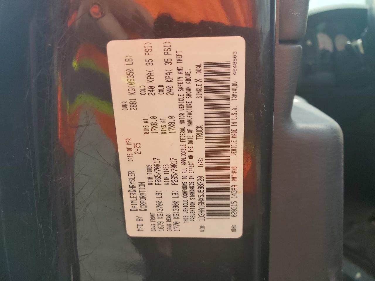 2005 Dodge Ram 1500 St VIN: 1D3HA16NX5J588720 Lot: 64269055
