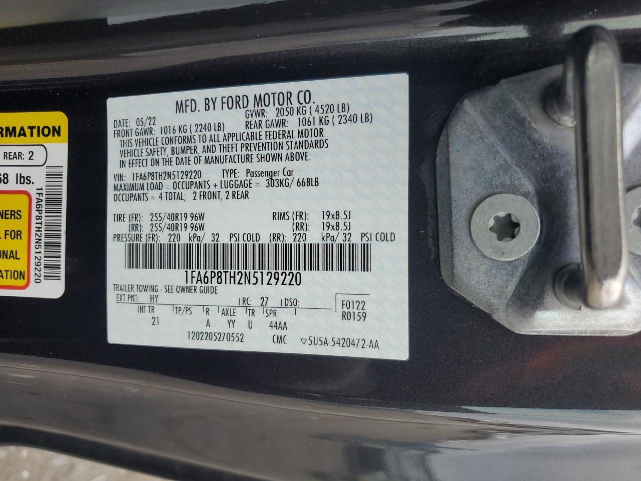 2022 Ford Mustang VIN: 1FA6P8TH2N5129220 Lot: 64544125