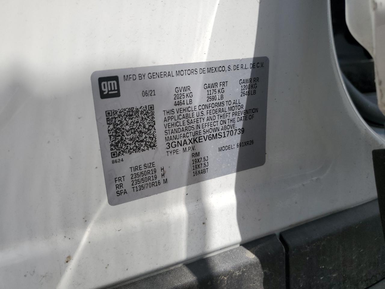 2021 Chevrolet Equinox Lt VIN: 3GNAXKEV6MS170739 Lot: 63212355