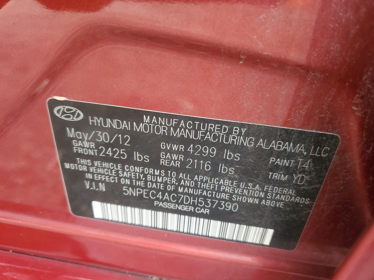 2013 Hyundai Sonata Se VIN: 5NPEC4AC7DH537390 Lot: 65187025