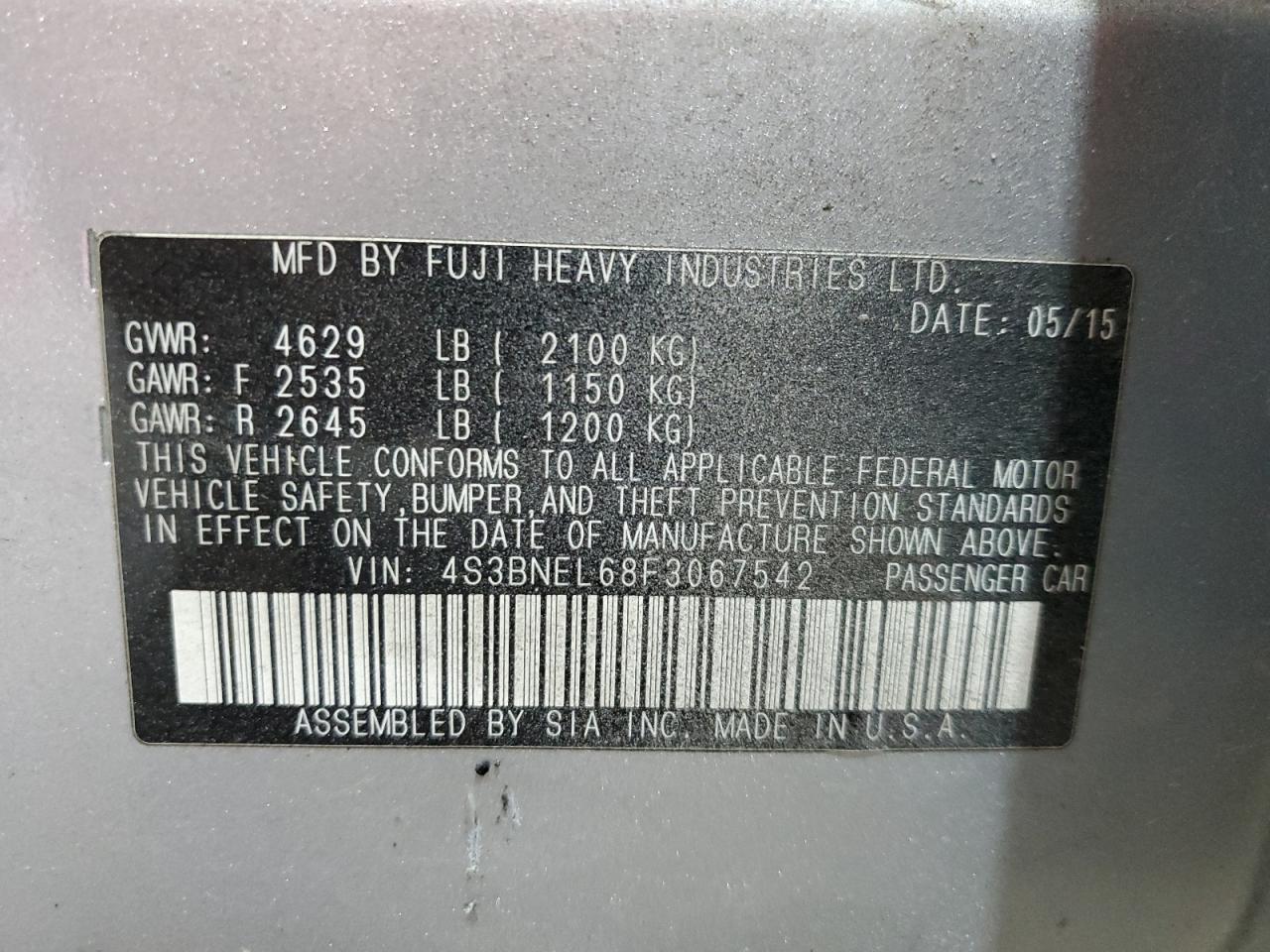 2015 Subaru Legacy 3.6R Limited VIN: 4S3BNEL68F3067542 Lot: 64553015