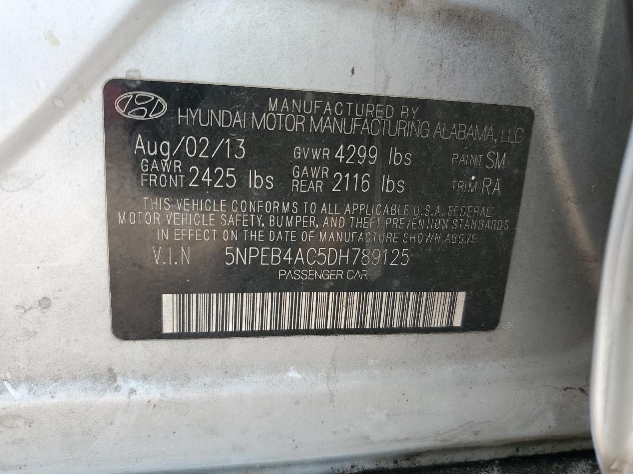 2013 Hyundai Sonata Gls VIN: 5NPEB4AC5DH789125 Lot: 63106635