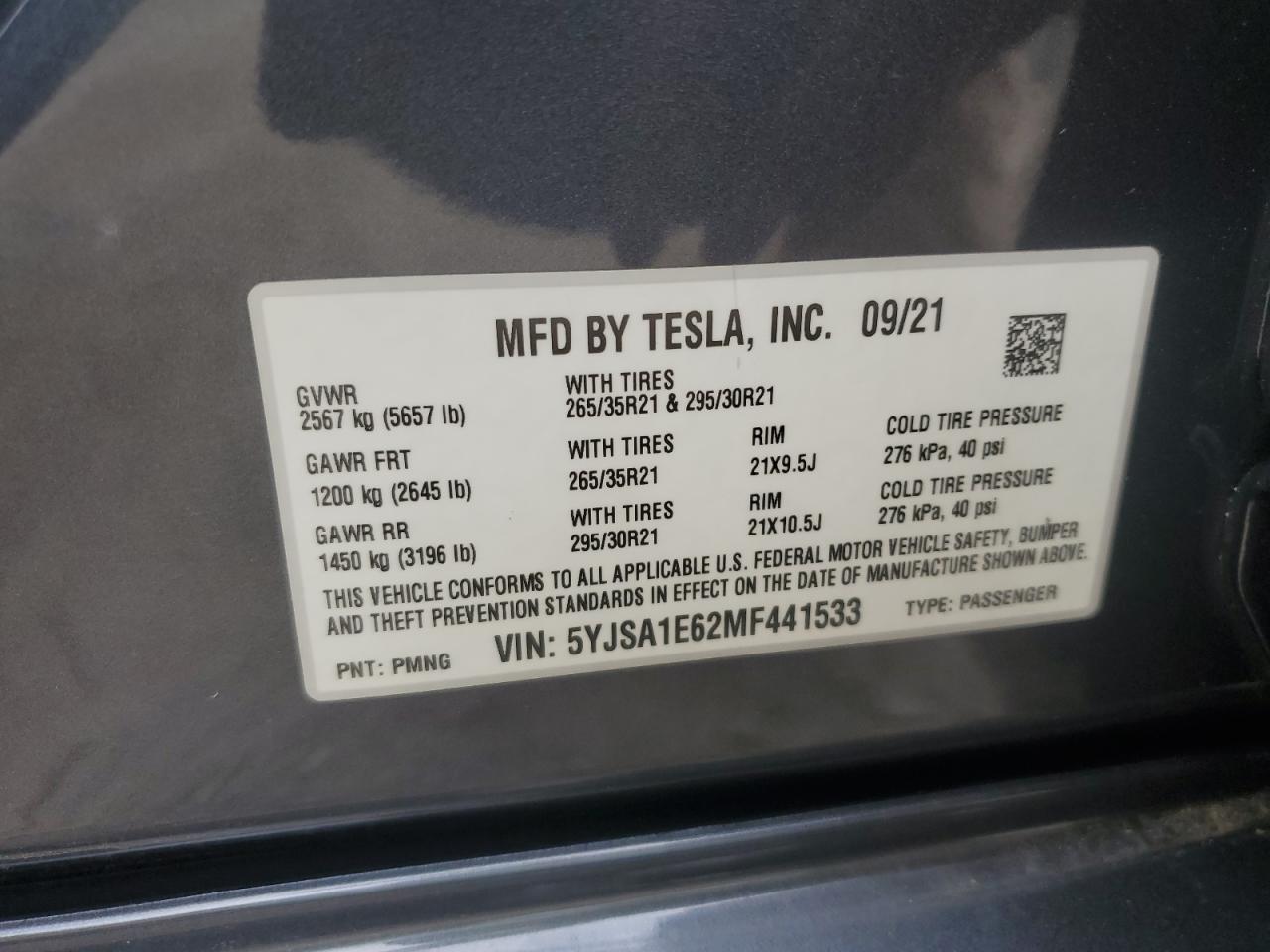 2021 Tesla Model S VIN: 5YJSA1E62MF441533 Lot: 64552805