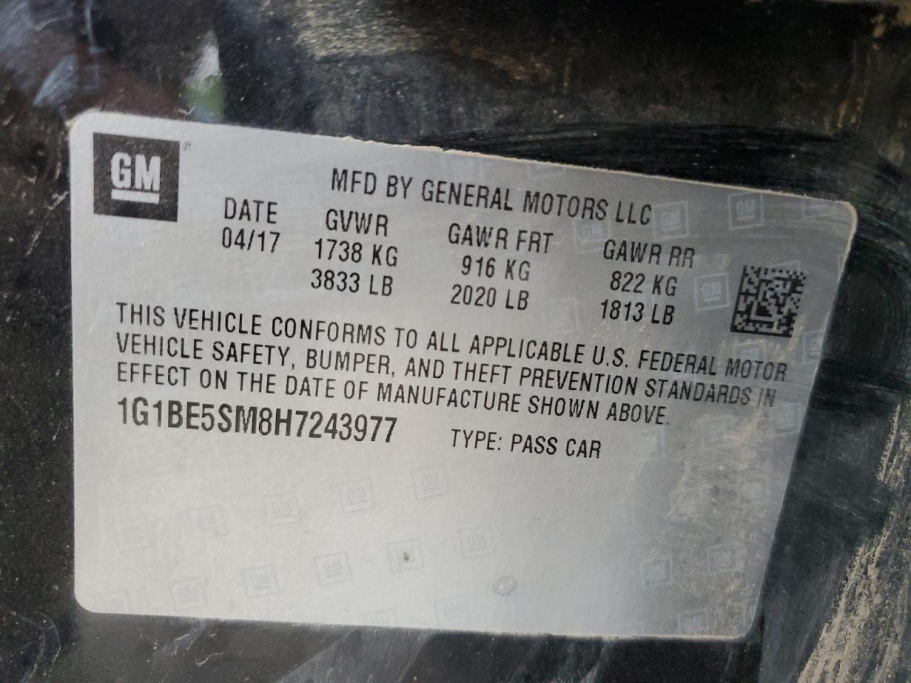 2017 Chevrolet Cruze Lt VIN: 1G1BE5SM8H7243977 Lot: 64811315