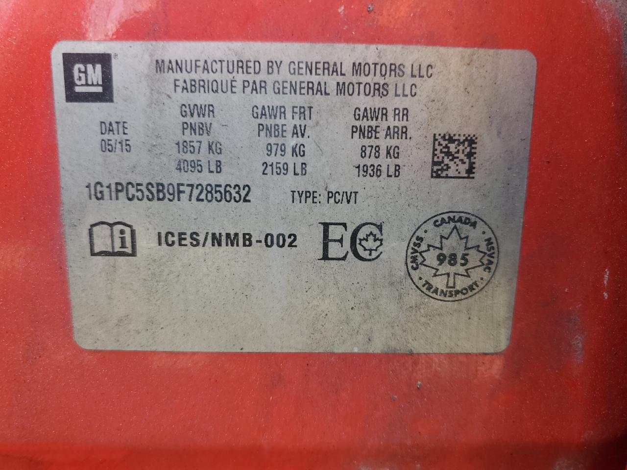 2015 Chevrolet Cruze Lt VIN: 1G1PC5SB9F7285632 Lot: 66491105