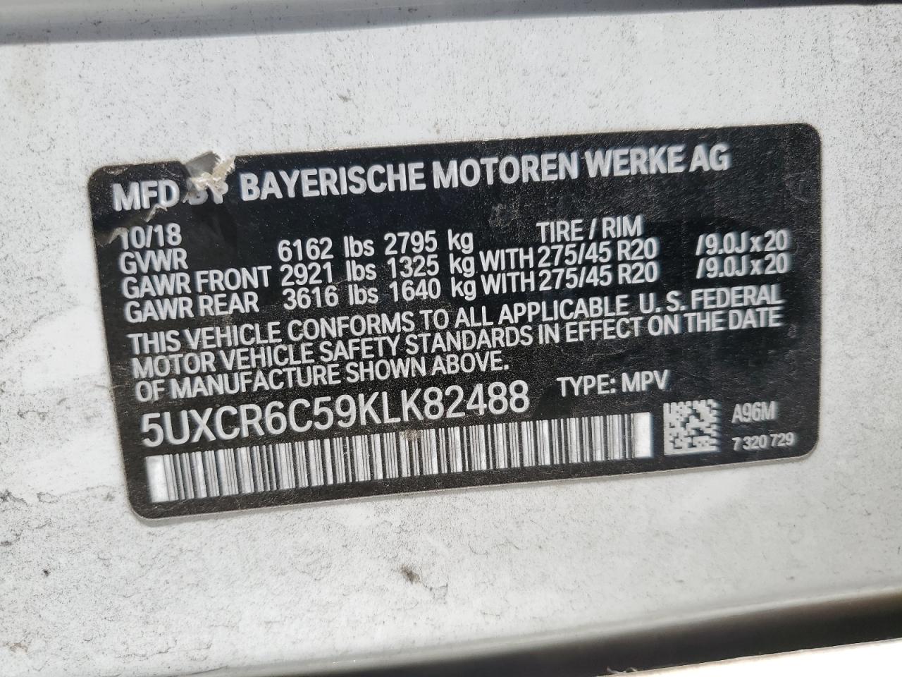 2019 BMW X5 xDrive40I VIN: 5UXCR6C59KLK82488 Lot: 63330925