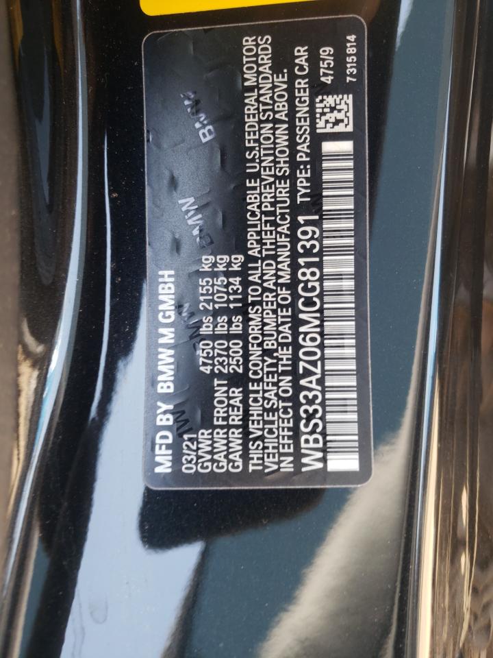 2021 BMW M4 Competition VIN: WBS33AZ06MCG81391 Lot: 64683425
