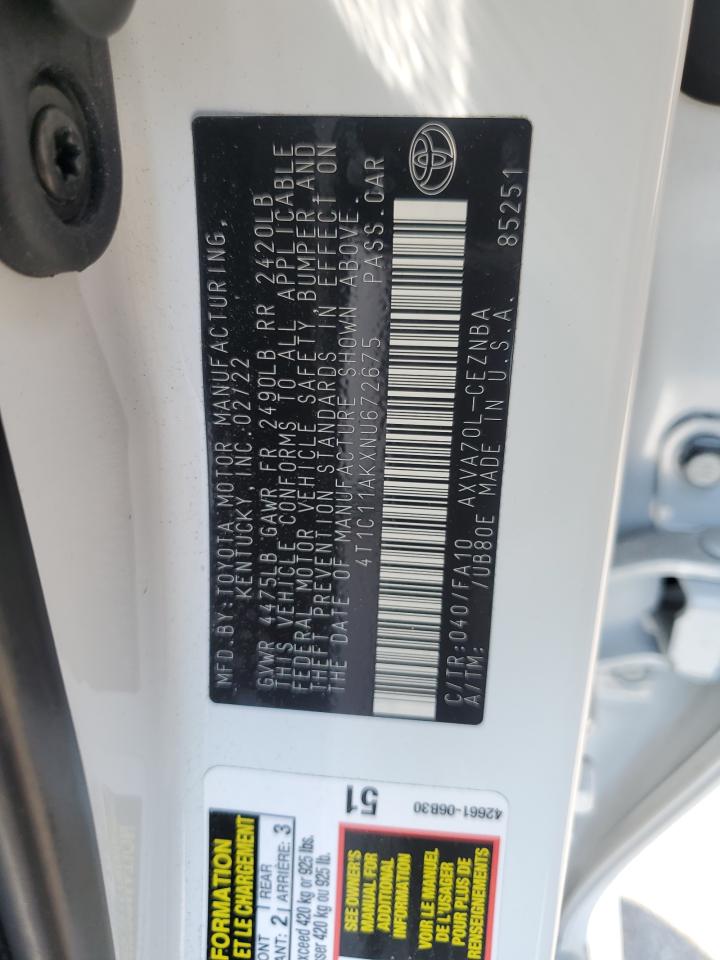 2022 Toyota Camry Le VIN: 4T1C11AKXNU672675 Lot: 65035555