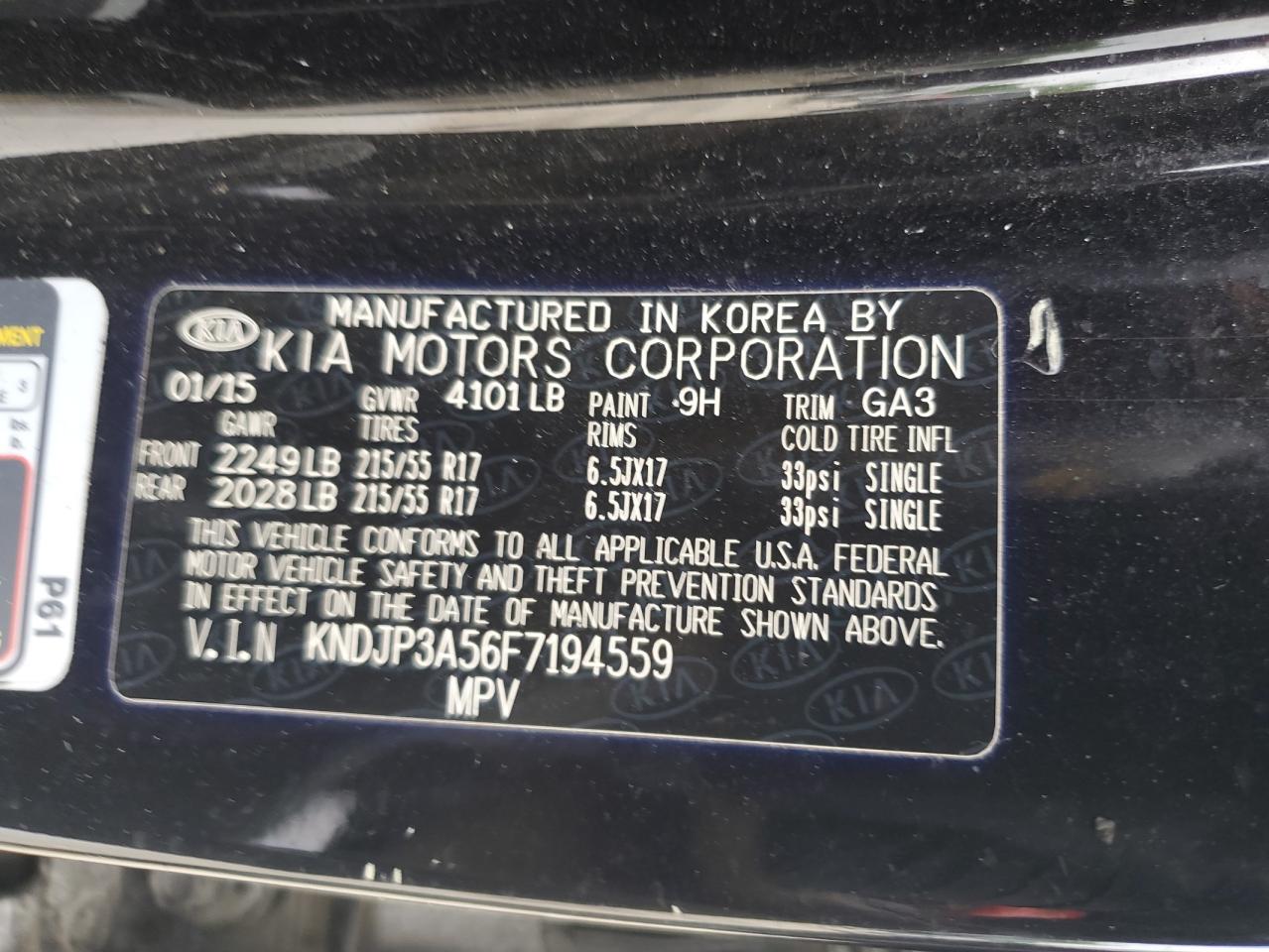 2015 Kia Soul + VIN: KNDJP3A56F7194559 Lot: 64166945