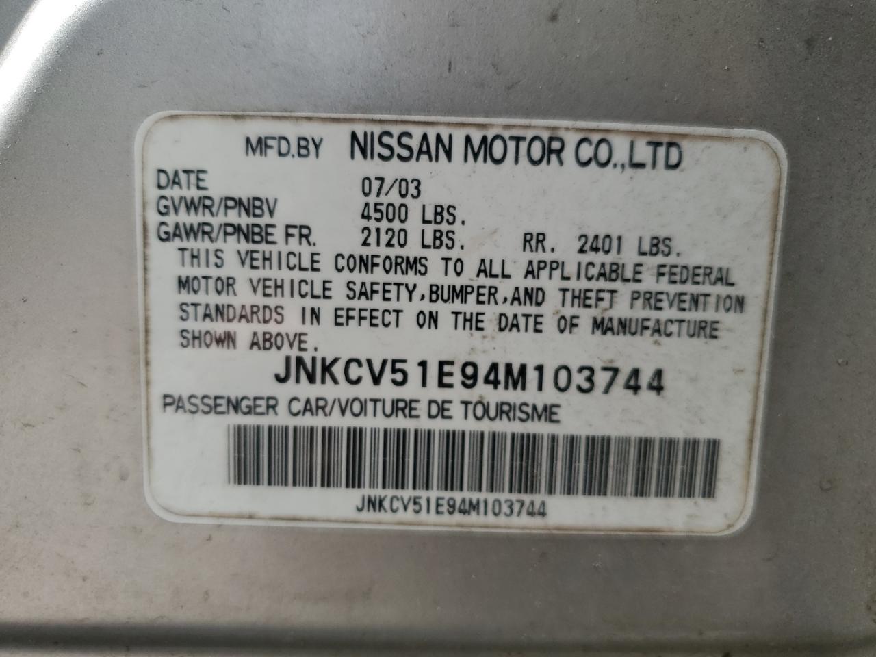2004 Infiniti G35 VIN: JNKCV51E94M103744 Lot: 65177085