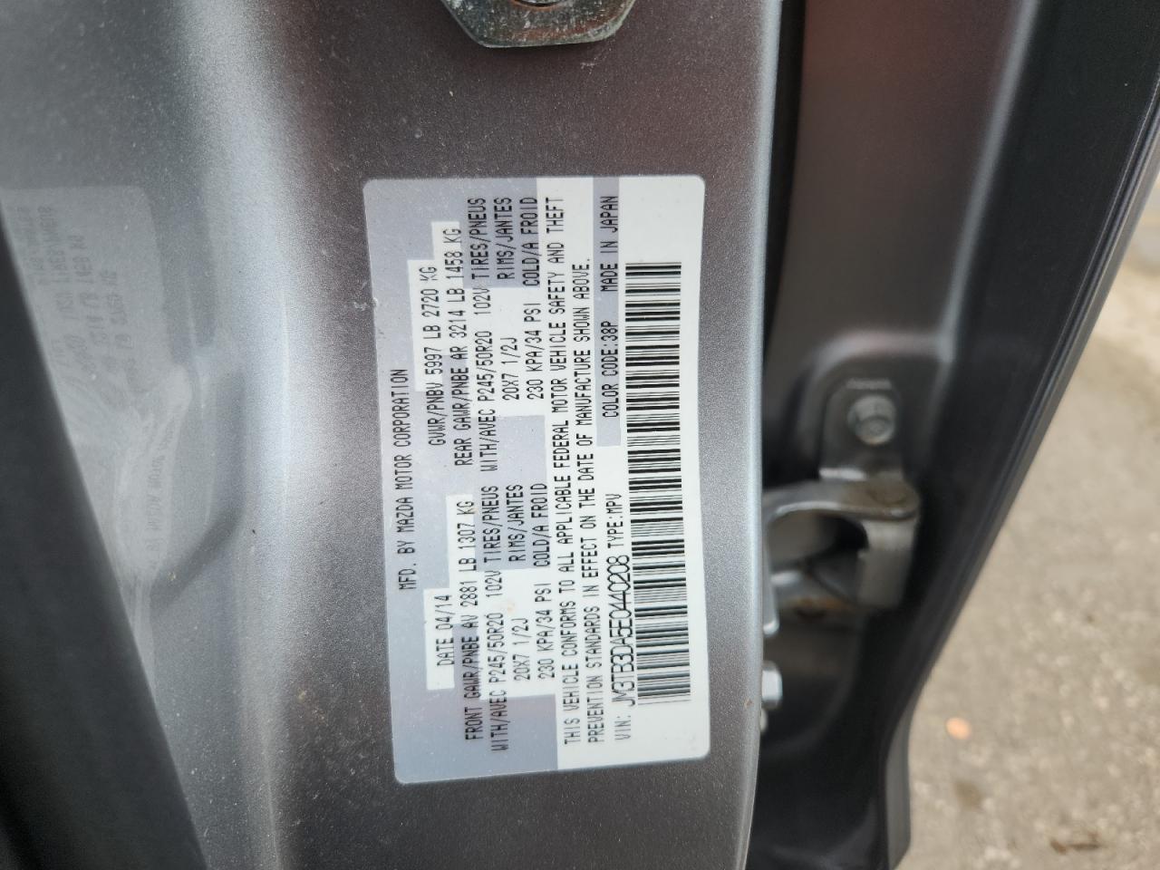 2014 Mazda Cx-9 Grand Touring VIN: JM3TB3DA5E0440208 Lot: 65054965